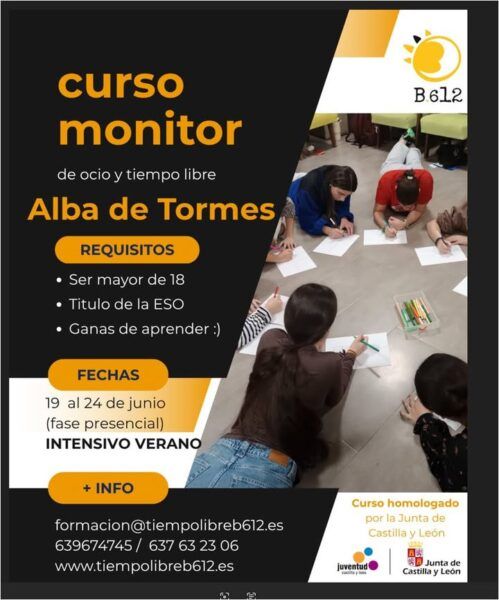 Cartel del curso de monitor de ocio en Alba de Tormes con requisitos y fechas.