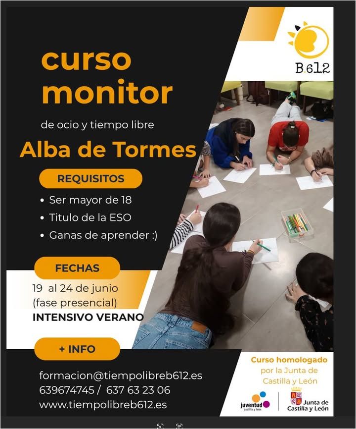 Cartel del curso de monitor de ocio en Alba de Tormes con requisitos y fechas.
