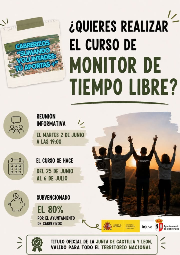 Cartel informativo sobre curso de monitor de tiempo libre en Cabrerizos