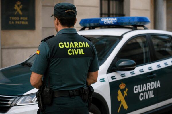 Agente de la Guardia Civil junto a un vehículo policial