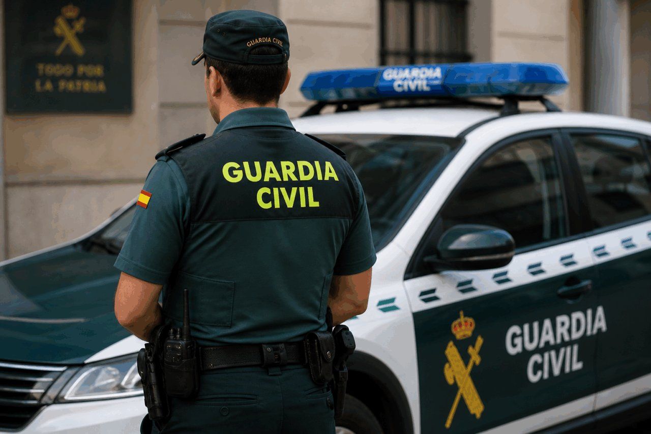 Agente de la Guardia Civil junto a un vehículo policial
