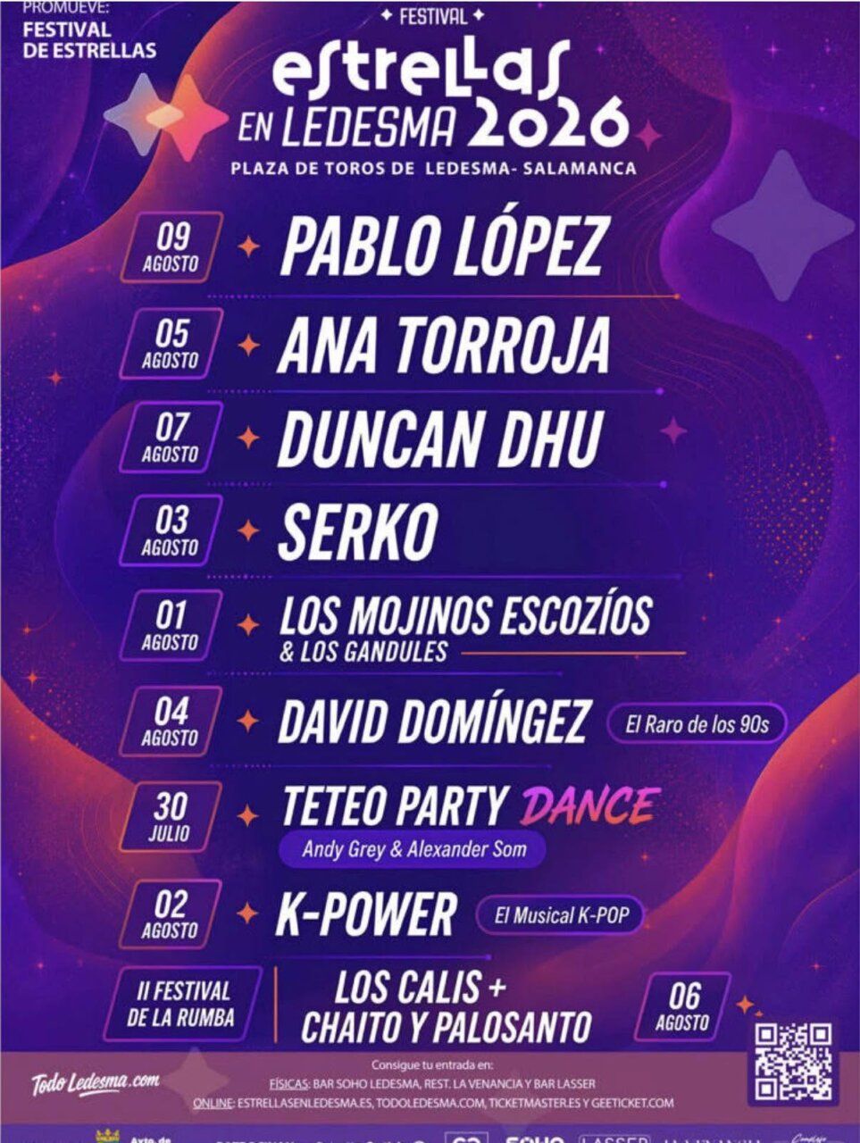 Cartel del festival Estrellas en Ledesma 2026 con artistas destacados.