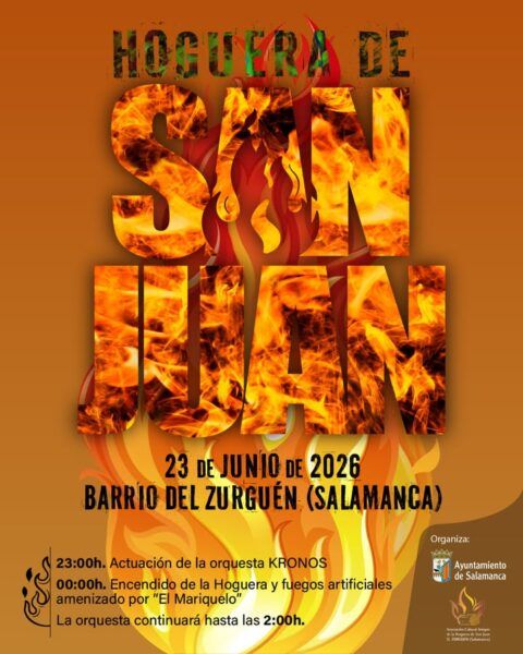 Cartel de la Hoguera de San Juan en El Zurguén con llamas y detalles del evento