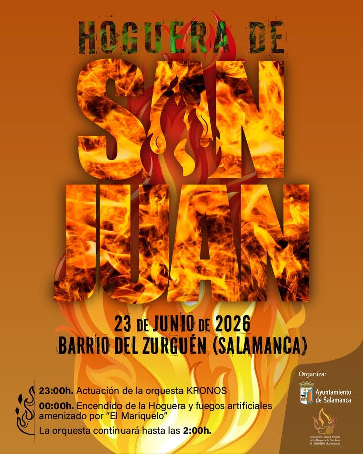 Cartel de la Hoguera de San Juan en El Zurguén con llamas y detalles del evento