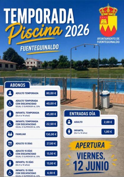 Cartel de apertura de la piscina en Fuenteguinaldo con precios y descuentos