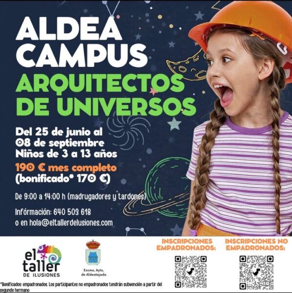 Niña emocionada en el campamento Aldeacampus 2026 con fondo de universo