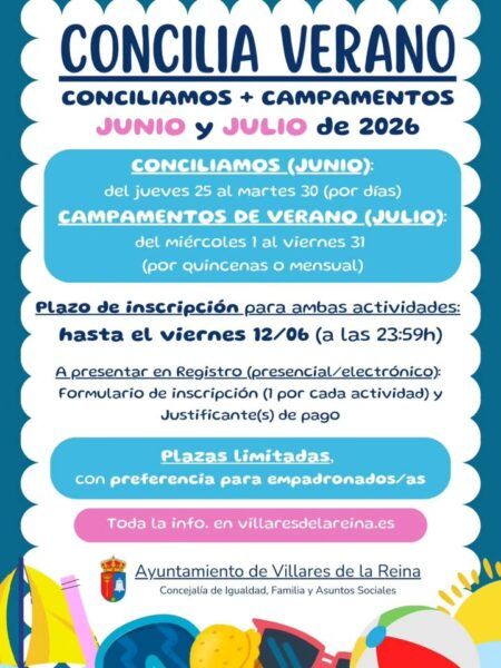 Cartel informativo sobre inscripciones para Conciliamos y Campamentos de Verano.