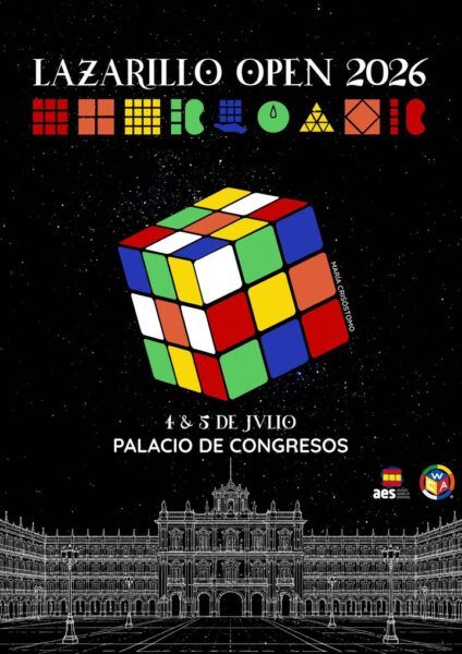 Cartel del Lazarillo Open 2026 con un cubo Rubik y el Palacio de Congresos