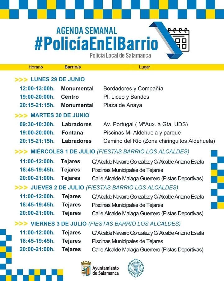 Agenda semanal de la Policía en el Barrio en Salamanca del 29 de junio al 3 de julio