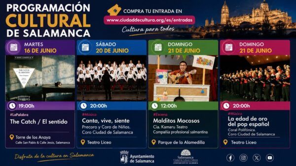 Cartel de la programación cultural de Salamanca con eventos de teatro y música.