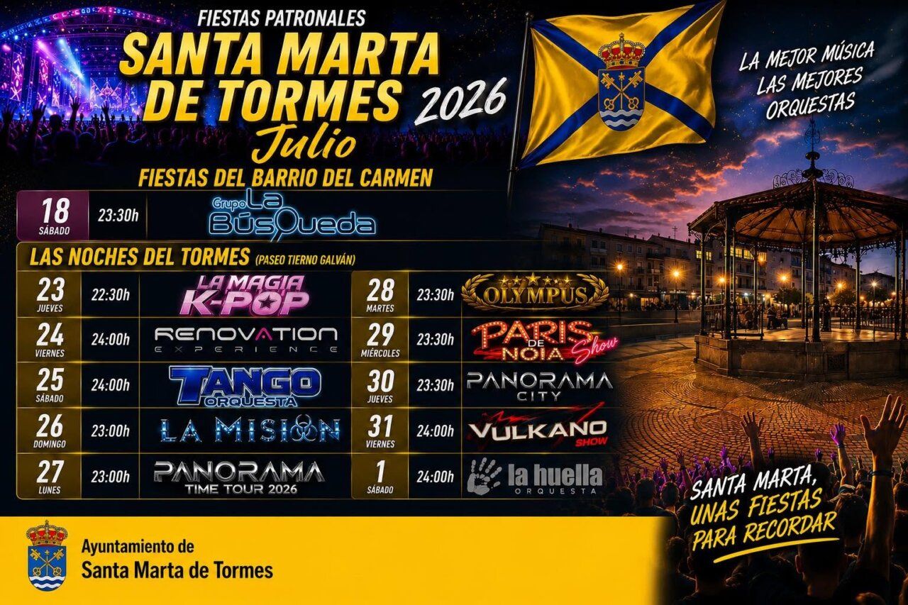 Cartel de programación musical de las Fiestas Patronales de Santa Marta de Tormes 2026