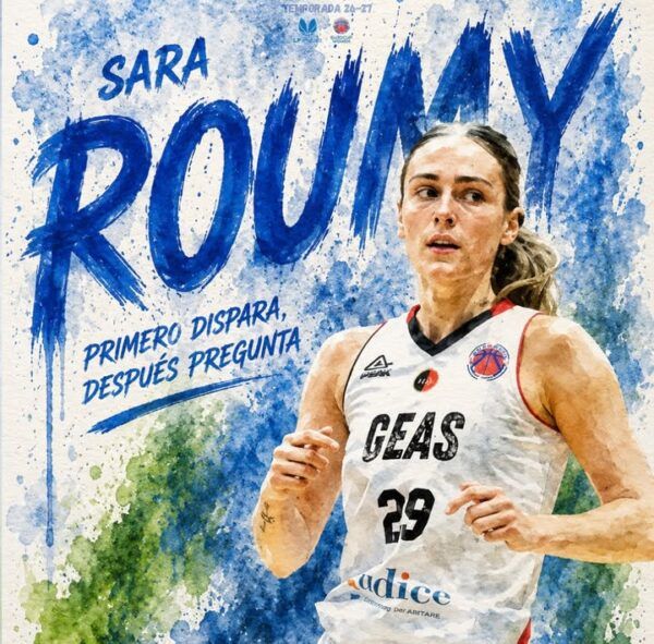 Sara Roumy en acción como jugadora de baloncesto para Meins Avenida