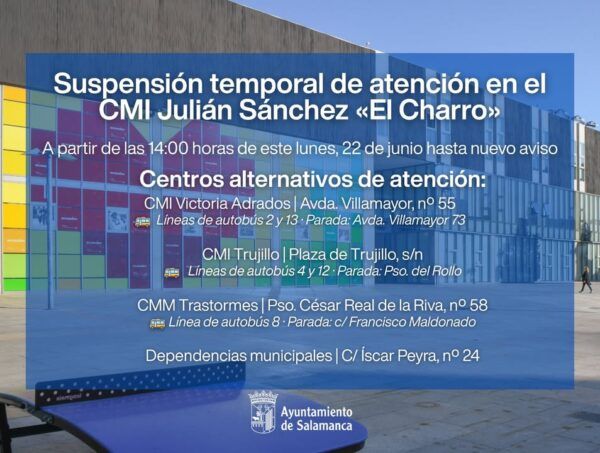 Anuncio sobre la suspensión temporal de atención en el CMI Julián Sánchez El Charro.