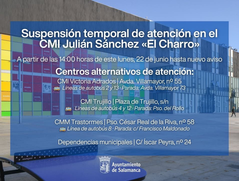 Anuncio sobre la suspensión temporal de atención en el CMI Julián Sánchez El Charro.