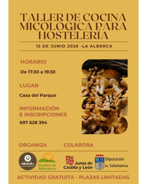 Cartel del taller de cocina micológica en La Alberca con setas.