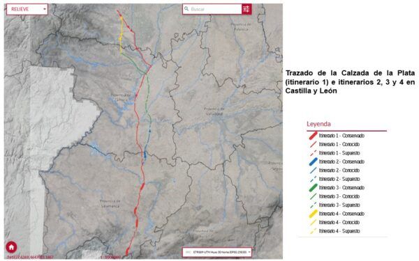 Mapa del trazado de la Calzada de la Plata en Castilla y León