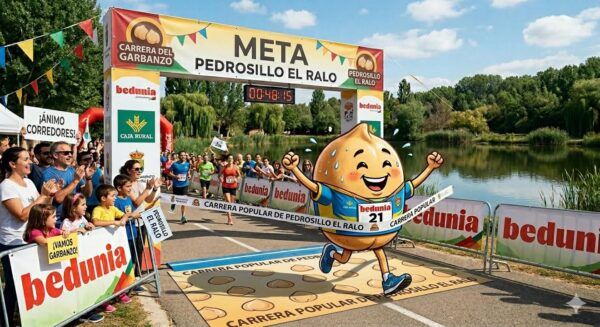 Meta del V Cross Benéfico en Pedrosillo el Ralo con corredores y público animando.