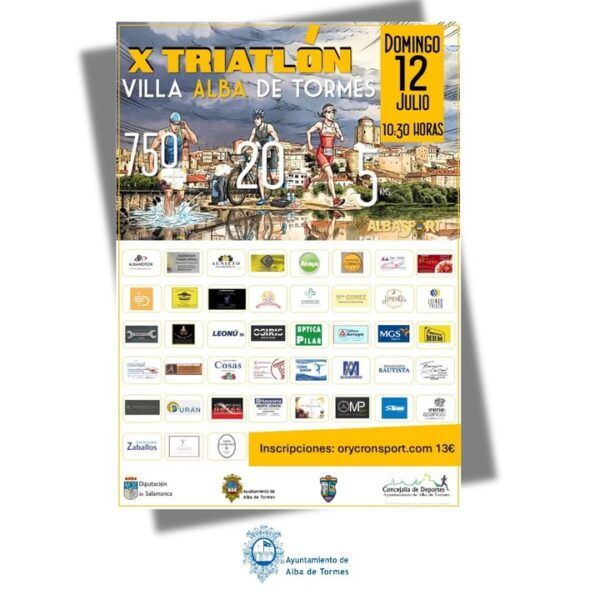 Cartel del X Triatlón Villa Alba de Tormes con información de la competición.