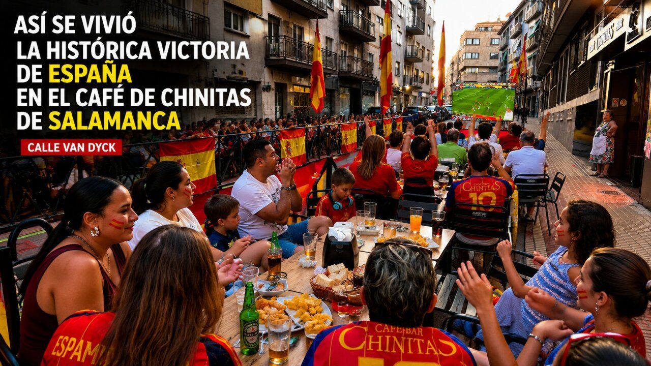 Aficionados celebrando la victoria de España en el Café de Chinitas.