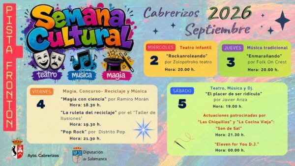 Cartel de la Semana Cultural en Cabrerizos con actividades de teatro, música y magia.