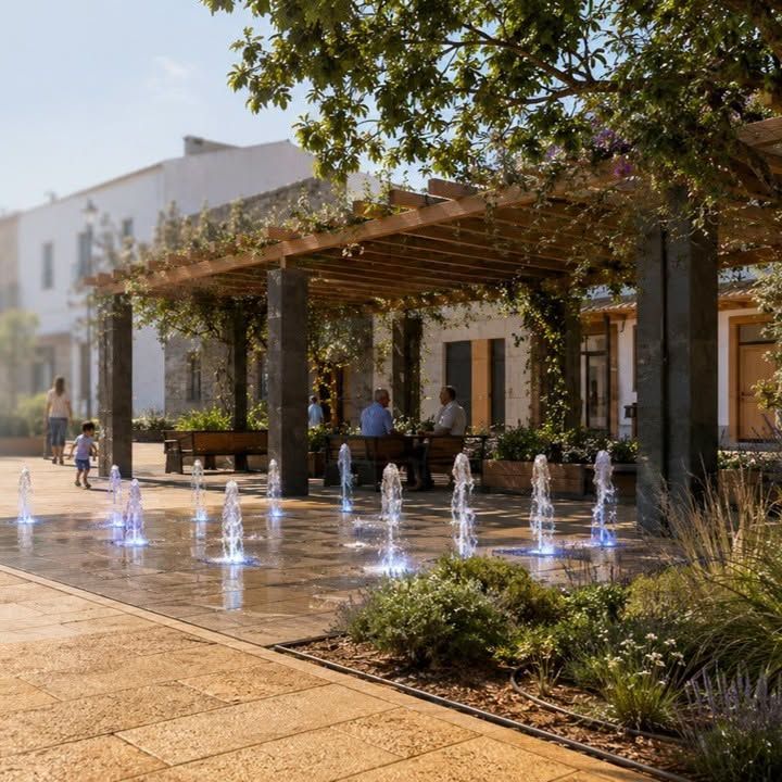 Vista de la Plaza de Castilla y León con fuente y pérgola