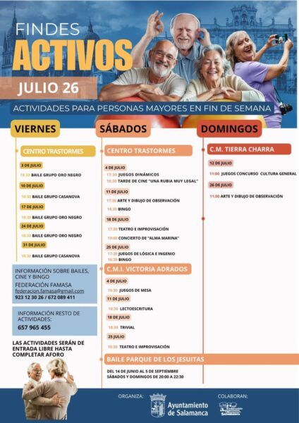 Cartel de actividades de verano para mayores en Salamanca con diversas actividades programadas.