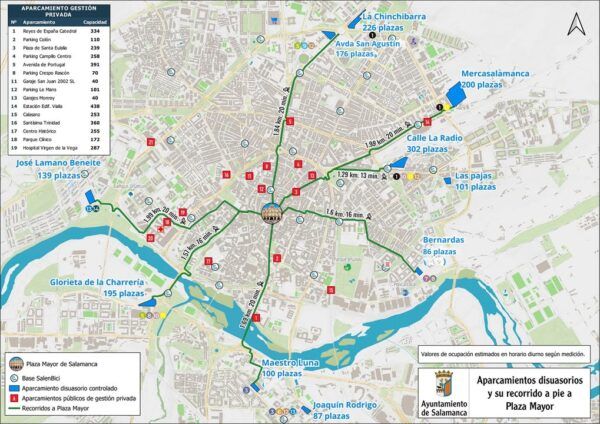 Mapa de aparcamientos disuasorios en Salamanca con plazas disponibles
