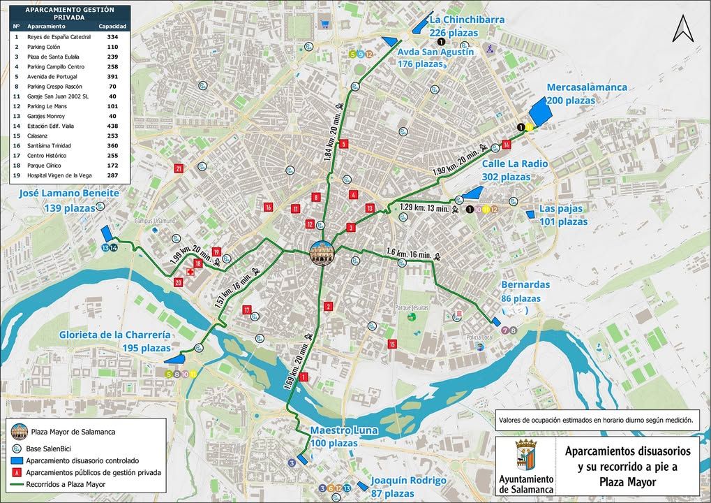 Mapa de aparcamientos disuasorios en Salamanca con plazas disponibles