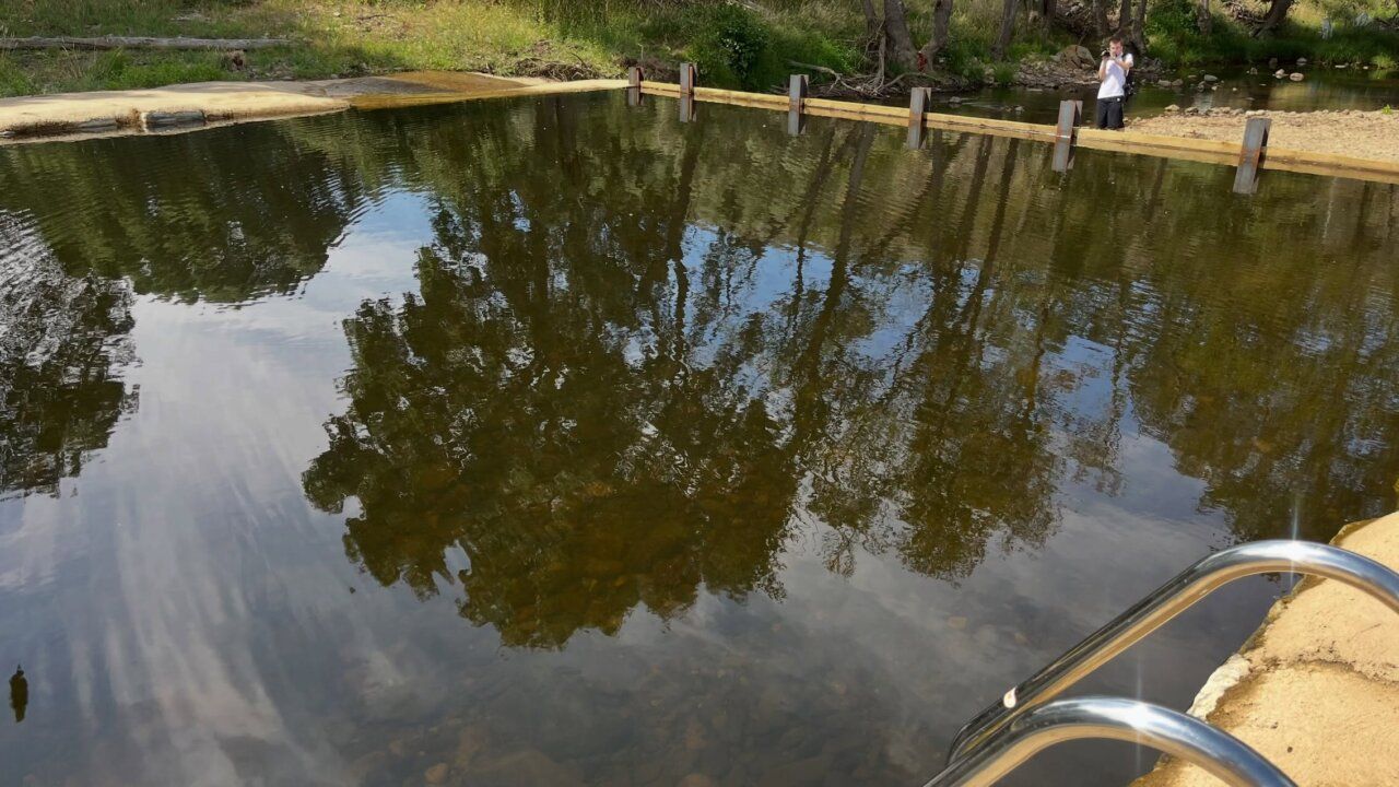 Reflejo de árboles en piscina natural en La Atalaya