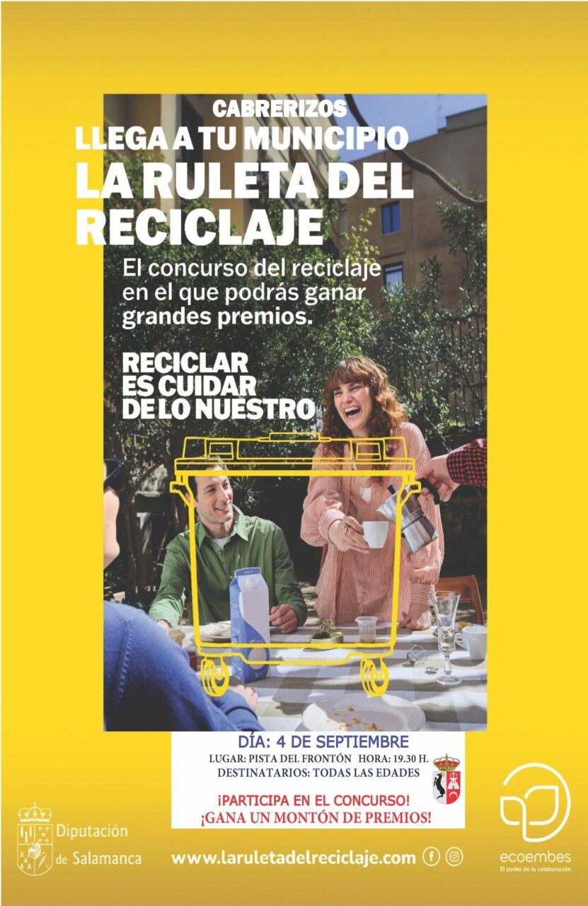 Cartel de la Ruleta del Reciclaje en Cabrerizos con personas participando.