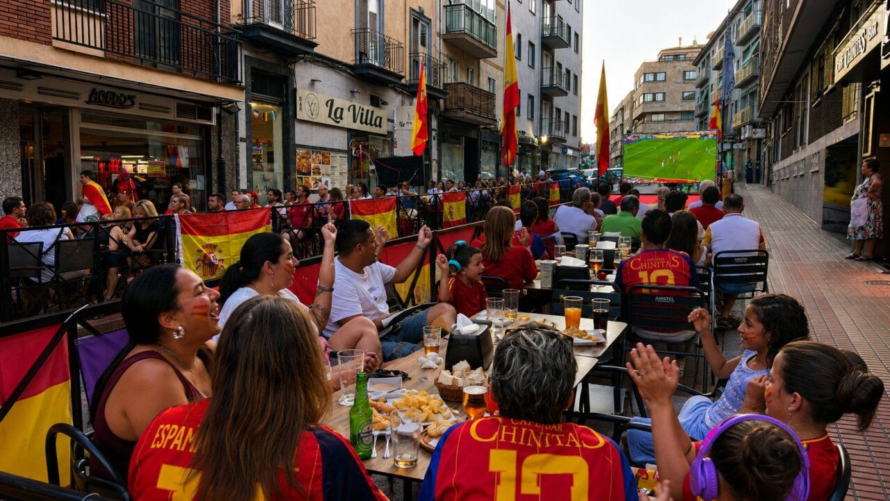 Aficionados celebrando la victoria de España en el Café de Chinitas