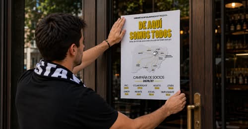 Persona colocando un cartel de la campaña De Aquí Somos Todos en Salamanca