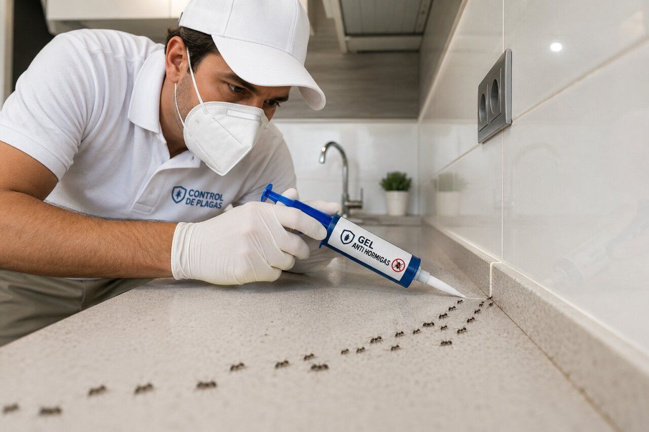Técnico aplicando gel anti hormigas en la cocina