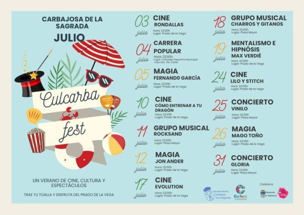 Cartel del Cultura Fest en Carbajosa de la Sagrada con actividades de cine y música.