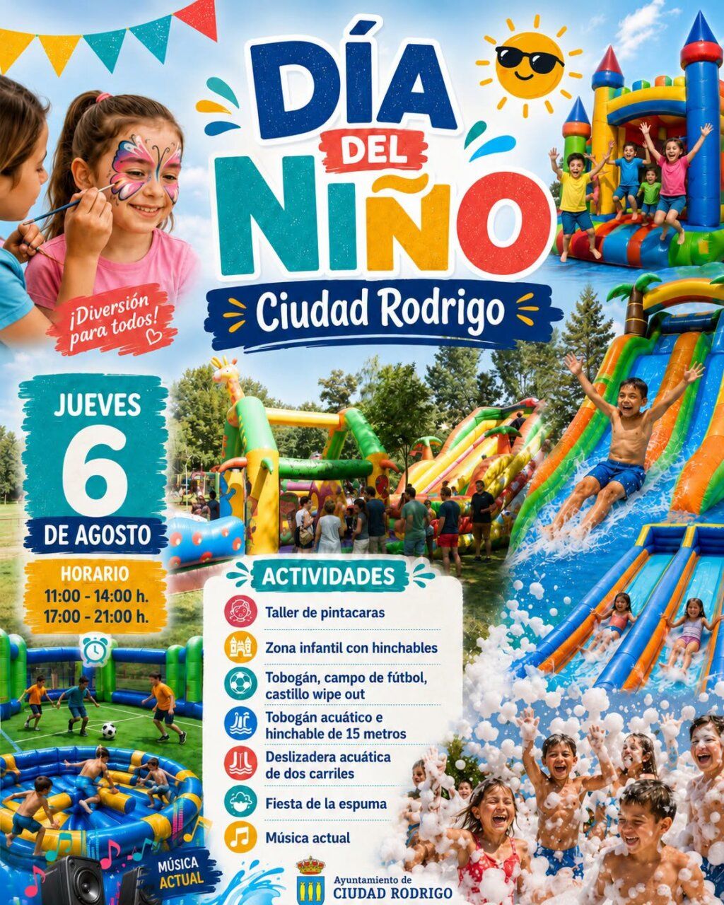 Niños disfrutando de actividades acuáticas y juegos inflables en Ciudad Rodrigo