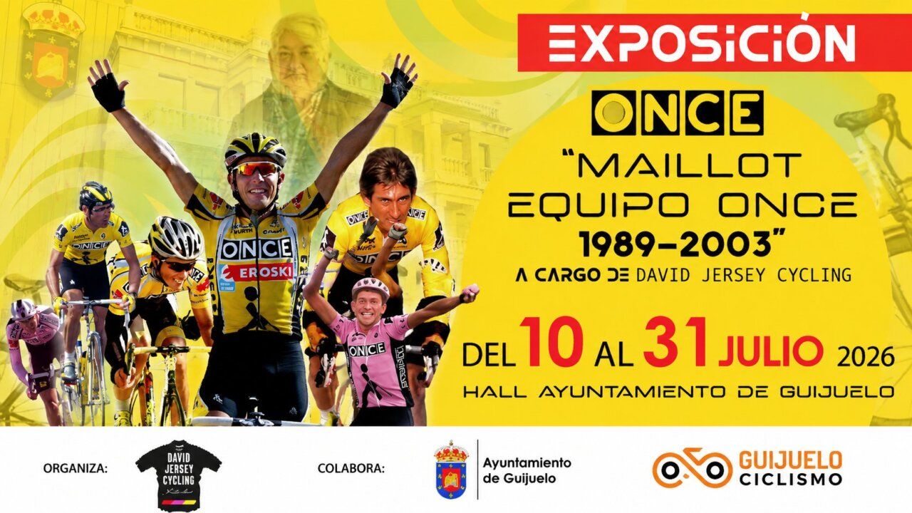 Cartel de la exposición de maillots del equipo ONCE en Guijuelo