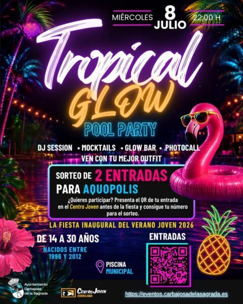 Cartel de la fiesta Tropical Glow Pool Party en Carbajosa