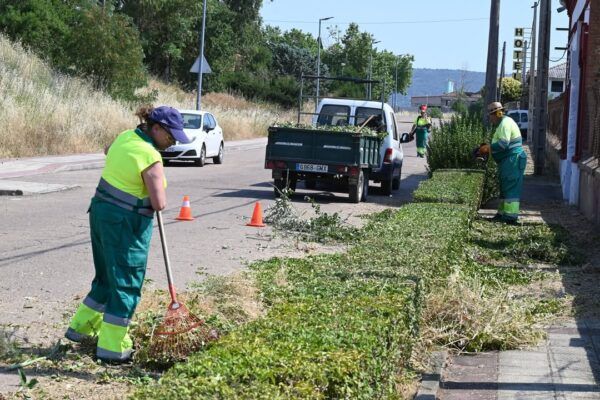 Trabajadores realizando limpieza y desbroce en el paseo de la Estación.