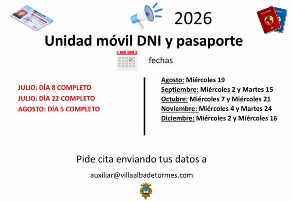 Cartel informativo sobre fechas para DNI y pasaporte en Alba de Tormes