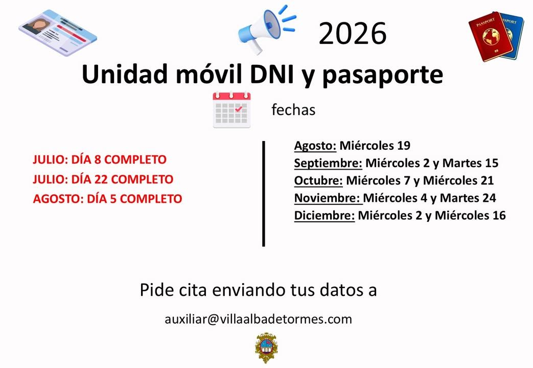 Cartel informativo sobre fechas para DNI y pasaporte en Alba de Tormes
