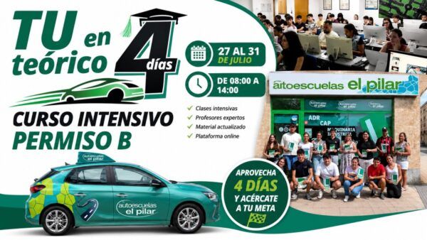 Curso intensivo de autoescuelas El Pilar para obtener el permiso B en cuatro días.