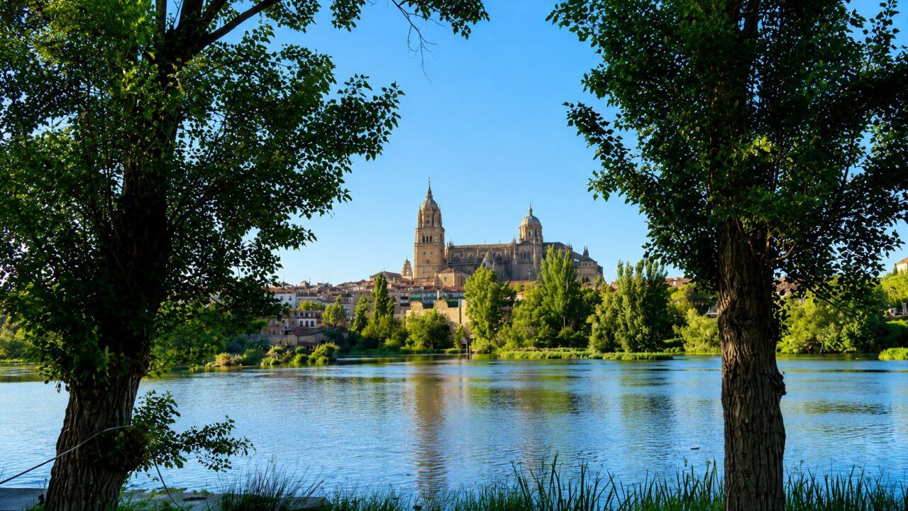Vista del río Tormes con árboles y la catedral de Salamanca al fondo