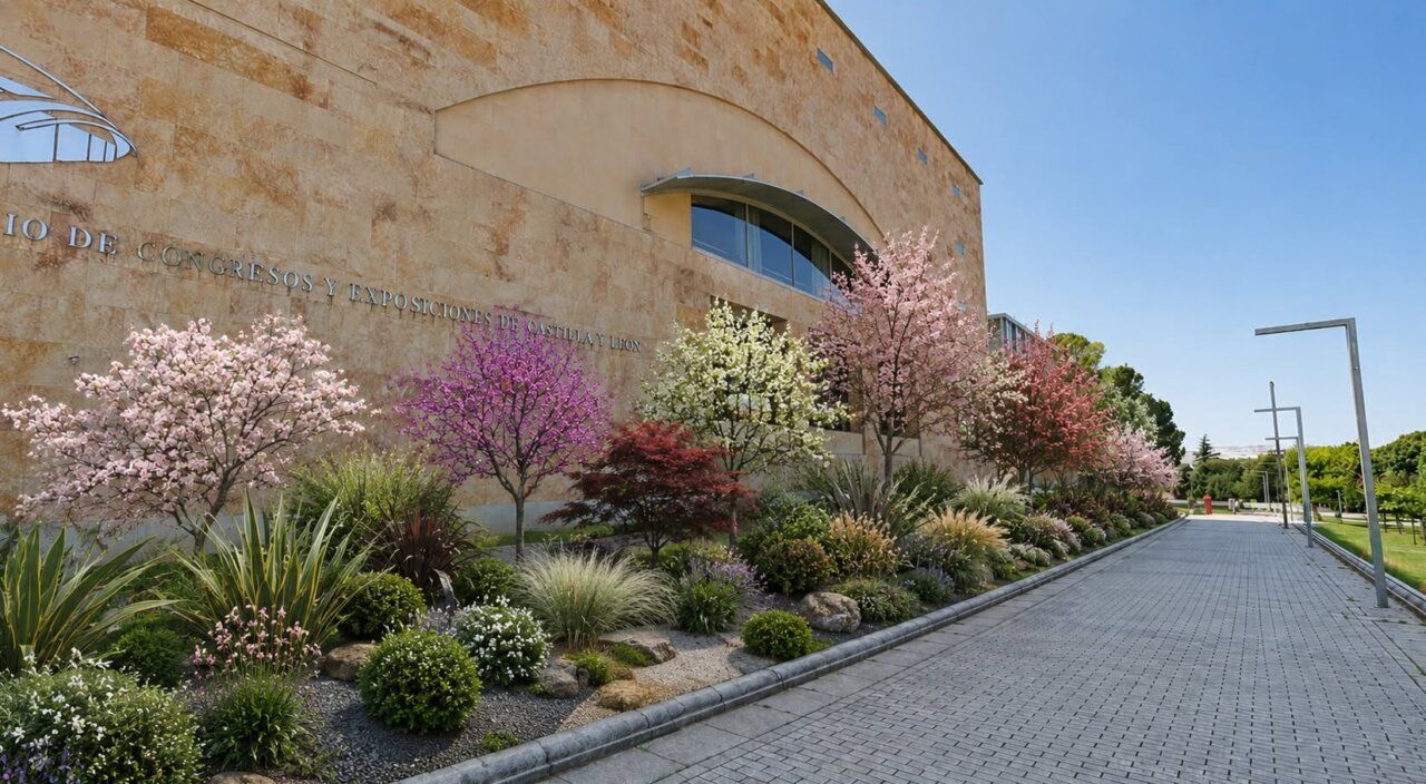 Vista de árboles y plantas en el exterior del Palacio de Congresos de Salamanca