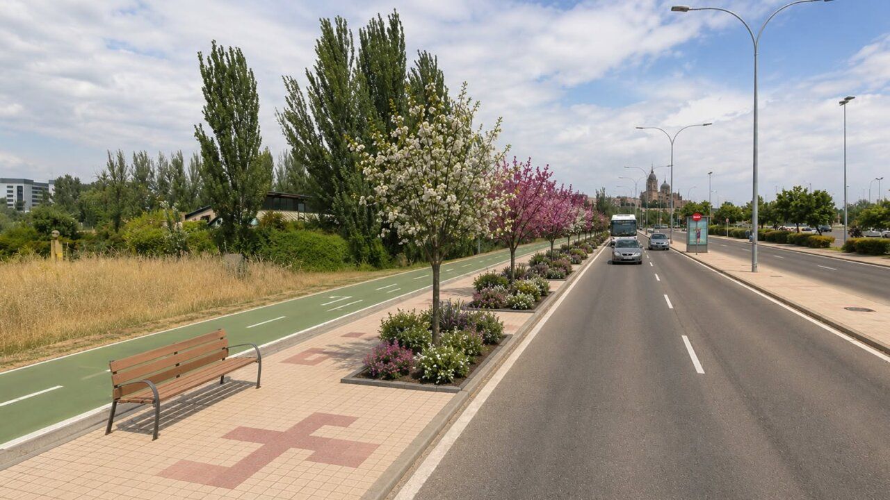 Vista de una calle en Salamanca con árboles y flores en primavera.
