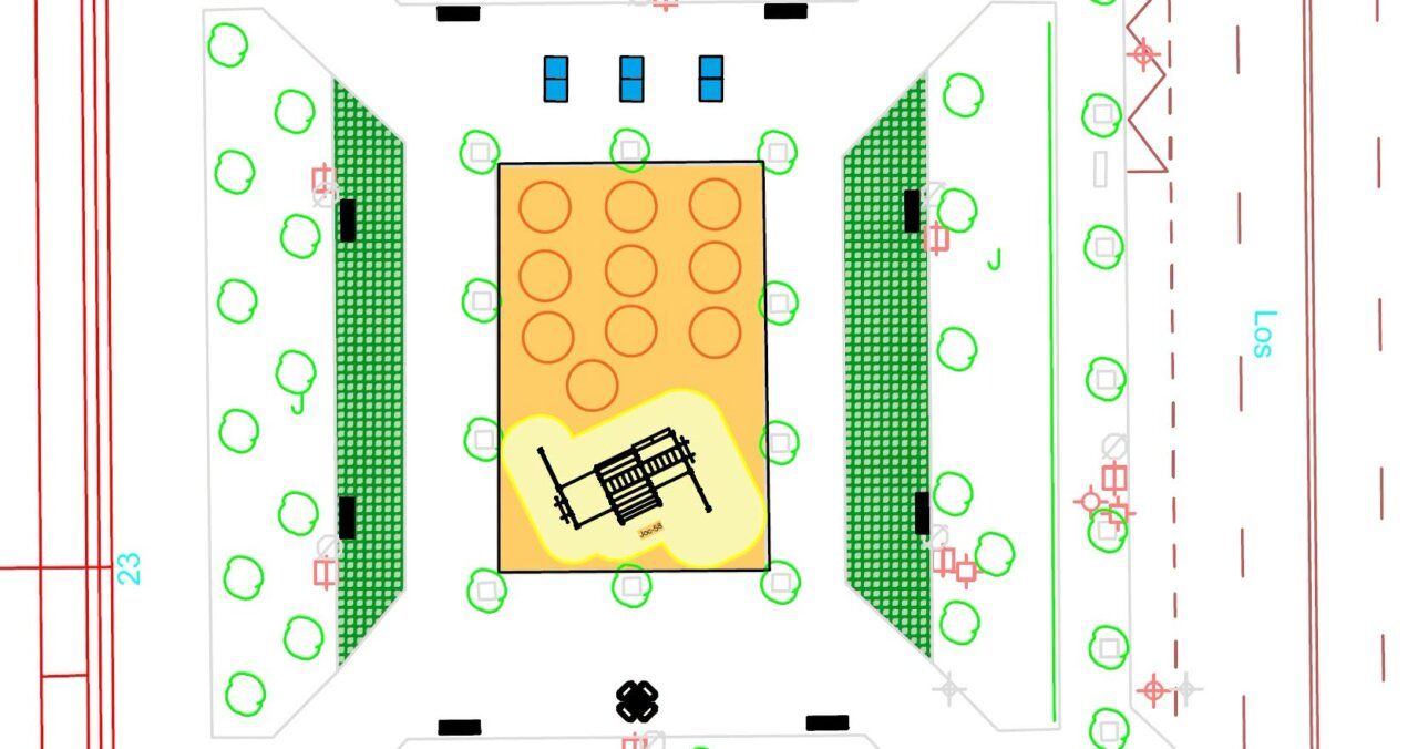 Plano de la plaza de Castrotorafe con áreas de juegos y vegetación.