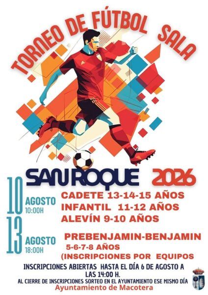 Cartel del torneo de fútbol sala en Macotera para verano 2026.