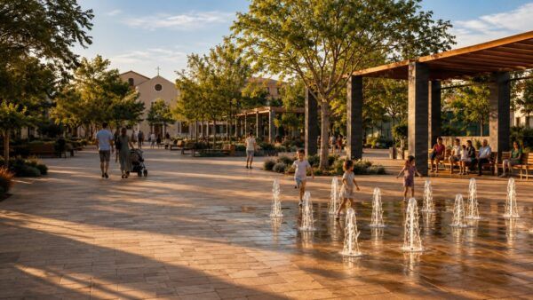 Familias disfrutando de la nueva plaza con fuente y árboles