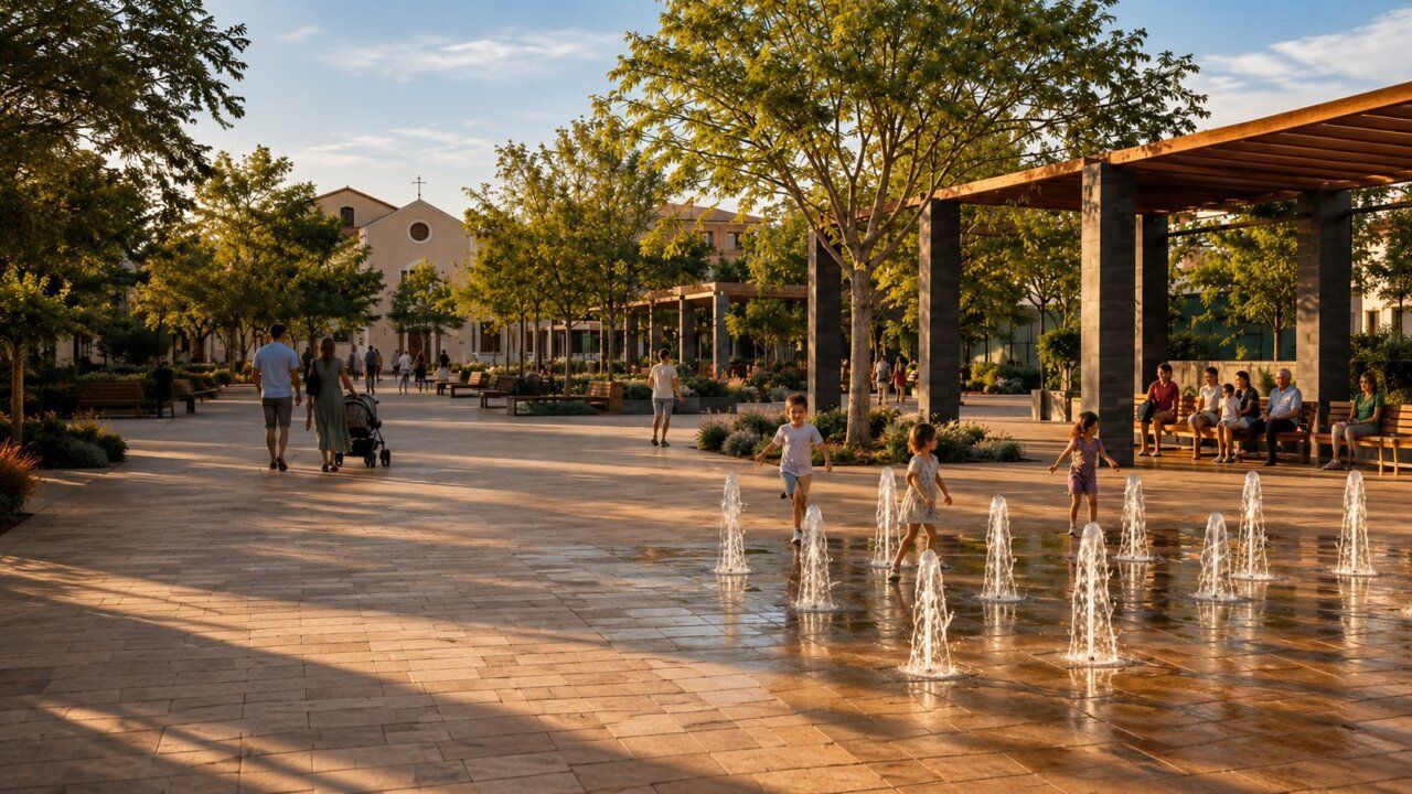 Familias disfrutando de la nueva plaza con fuente y árboles