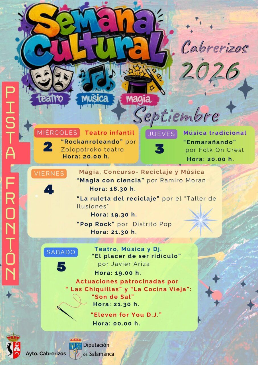 Cartel de la Semana Cultural en Cabrerizos con actividades de teatro, música y magia.