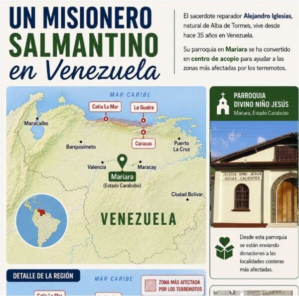 Mapa de Venezuela con información sobre el sacerdote Alejandro Iglesias y su labor humanitaria.